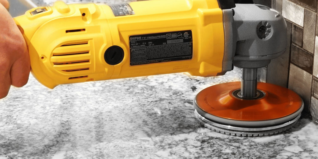 The No-Spin Edger buffing granite countertops with polishing pads, showing how to polish granite countertops and properly seal stone for a smooth finish